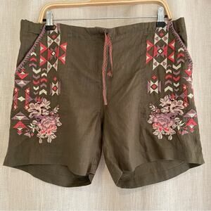 Driftwood NWT Trevor Cotton Linen Olive Green Floral Embroidered Shorts Small